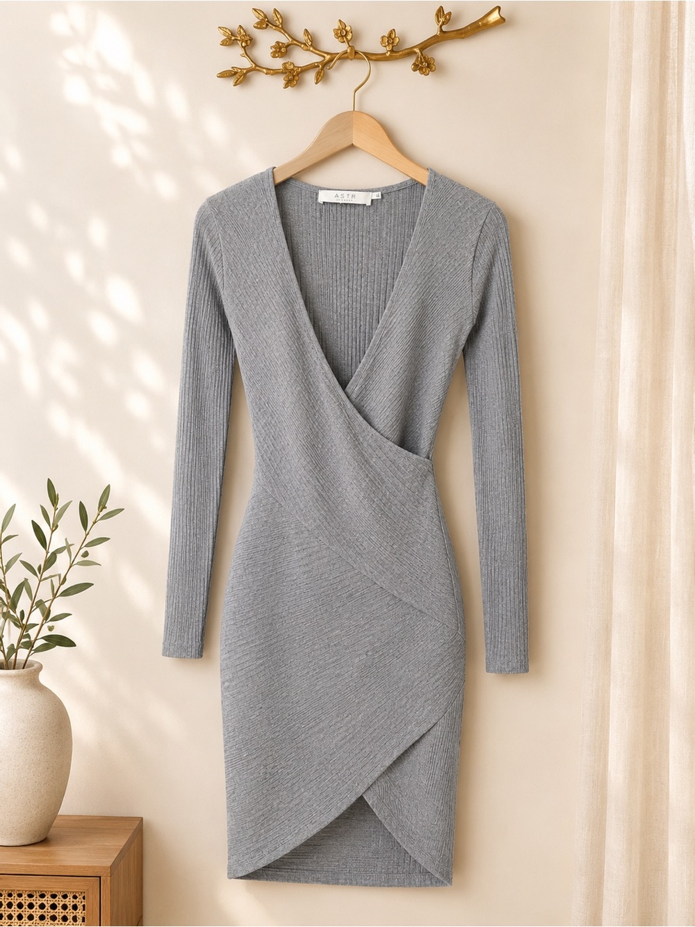 ASTR Light Gray Ribbed Wrap Dress